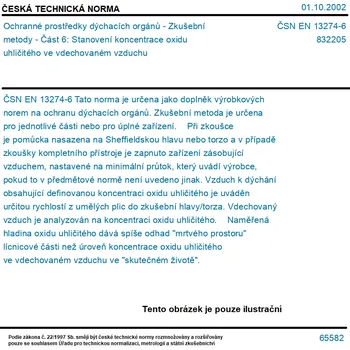 ČSN EN 13274-6 - Ochranné prostředky dýchacích orgánů - Zkušební metody - Část 6: Stanovení koncentrace oxidu uhličitého ve vdechovaném vzduchu - Tisk