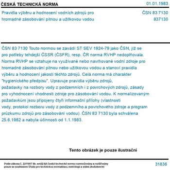 ČSN 83 7130 - Pravidla výběru a hodnocení vodních zdrojů pro hromadné zásobování pitnou a užitkovou vodou - Tisk