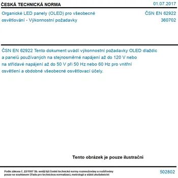 LED panel ČSN EN 62922 - Organické LED panely (OLED) pro všeobecné osvětlování - Výkonnostní požadavky - Tisk
