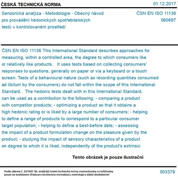ČSN EN ISO 11136 - Senzorická analýza - Metodologie - Obecný návod pro provádění hédonických spotřebitelských testů v kontrolovaném prostředí - Tisk