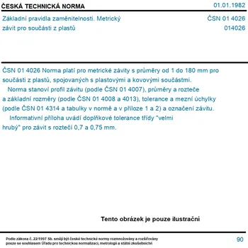 ČSN 01 4026 - Základní pravidla zaměnitelnosti. Metrický závit pro součásti z plastů - Tisk