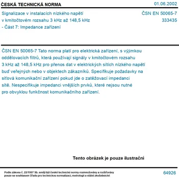 ČSN EN 50065-7 - Signalizace v instalacích nízkého napětí v kmitočtovém rozsahu 3 kHz až 148,5 kHz - Část 7: Impedance zařízení - Tisk