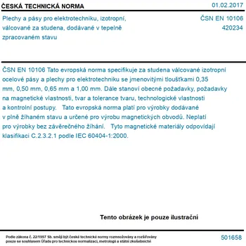 ČSN EN 10106 - Plechy a pásy pro elektrotechniku, izotropní, válcované za studena, dodávané v tepelně zpracovaném stavu - Tisk