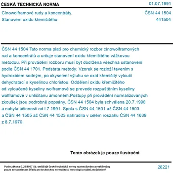 ČSN 44 1504 - Cínowolframové rudy a koncentráty. Stanovení oxidu křemičitého - Tisk