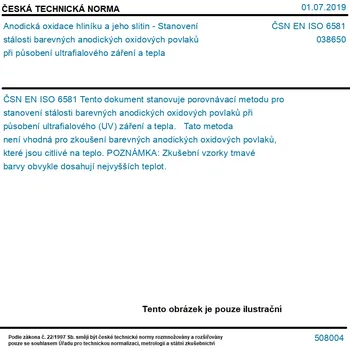 ČSN EN ISO 6581 - Anodická oxidace hliníku a jeho slitin - Stanovení stálosti barevných anodických oxidových povlaků při působení ultrafialového záření a tepla - Tisk
