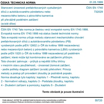 ČSN EN 1740 - Stanovení únosnosti prefabrikovaných vyztužených dílců z autoklávovaného pórobetonu nebo mezerovitého betonu z pórovitého kameniva při převážně podélném zatížení (svislé dílce) - Tisk