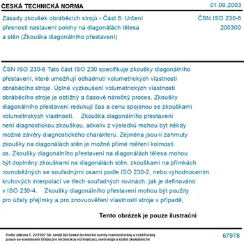 ČSN ISO 230-6 - Zásady zkoušek obráběcích strojů - Část 6: Určení přesnosti nastavení polohy na diagonálách tělesa a stěn (Zkouška diagonálního přestavení) - Tisk