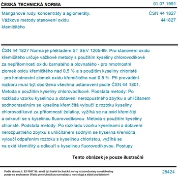 ČSN 44 1827 - Manganové rudy, koncentráty a aglomeráty. Vážkové metody stanovení oxidu křemičitého - Tisk