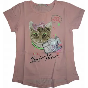 Dívčí tričko Dívčí světle růžové tričko s hlavou kočičky a fotoaparátem begin now 104