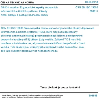 ČSN EN ISO 15005 - Silniční vozidla - Ergonomické aspekty dopravních informačních a řídicích systémů - Zásady řízení dialogu a postupy hodnocení shody - Tisk