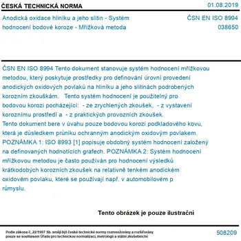 ČSN EN ISO 8994 - Anodická oxidace hliníku a jeho slitin - Systém hodnocení bodové koroze - Mřížková metoda - Tisk