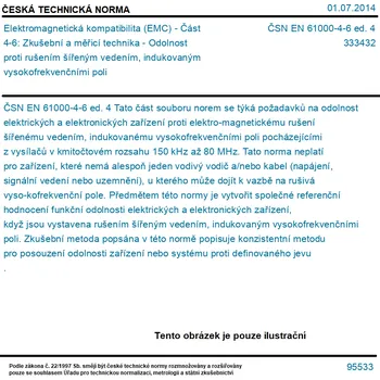ČSN EN 61000-4-6 ed. 4 - Elektromagnetická kompatibilita (EMC) - Část 4-6: Zkušební a měřicí technika - Odolnost proti rušením šířeným vedením, indukovaným vysokofrekvenčními poli - Tisk