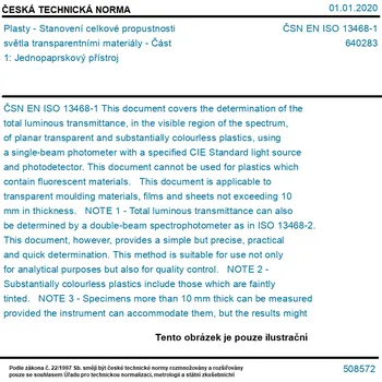 ČSN EN ISO 13468-1 - Plasty - Stanovení celkové propustnosti světla transparentními materiály - Část 1: Jednopaprskový přístroj - Tisk