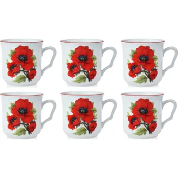 Porcelánové hrnky VLČÍ MÁK s červenou linkou - 6*270 ml
