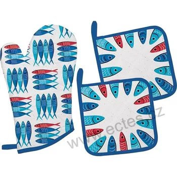 Chňapka Easy Life SARDINE'S PARTY bavlněná kuchyňská rukavice a chňapky modré a červené rybičky 3 ks