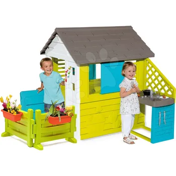 Dětský domeček Domeček s kuchyňkou Pretty Blue Smoby modrý 3 okna a 2 žaluzie s okenicí se zvonkem a zahrádkou od 24 měsíců