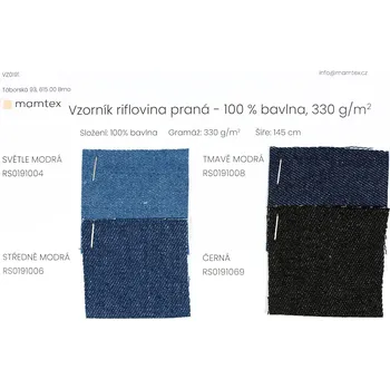 Vzorník riflovina praná - 100 % bavlna, 330 g/m2