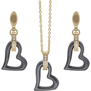 Souprava šperků Doria Set z oceli a keramiky SRDÍČKA zlato-černé K443