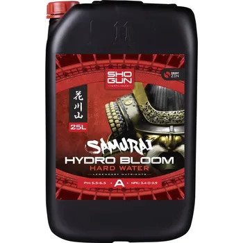 Hnojivo Shogun Samurai Hydro Bloom A+B 25L tvrdá voda (SHOGUN Samurai Hydro je kompletní dvousložková hydroponická výživa, která konkuruje všem ostatním. Obsahuje rafinované, přesně formulované složky, které zajišťují úžasný vegetativní a kvetoucí vývoj rostlin.)