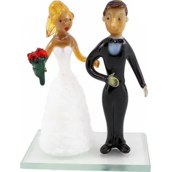 Svatební dekorace Skleněná figurka novomanželé - brunet s motýlkem