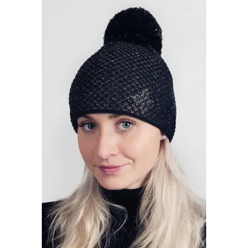 Čepice R-JET Černá dámská zimní pletená čepice s bronzovou lesklou nitkou a s bambulí