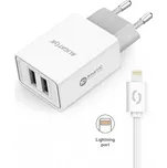 Chytrá nabíječka SMART IC 2.4A, 2xUSB pro iPhone/iPad a 2A kabel, bílá
