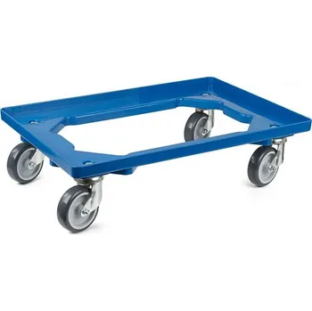 Plošinový vozík Podvozek pod EURO přepravky 600 x 400 mm, otevřený, 4 otočná kola z šedé gumy, barva modrá