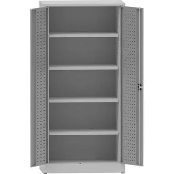 Dílenská skříň na nářadí, v x š x h: 1950x950x500 mm, perforované panely, 4 x police, barva šedá RAL7035 / šedá RAL7035
