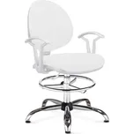 Laboratorní židle SMART, vysoká, s opěrným kruhem a područkami, koženka bílá