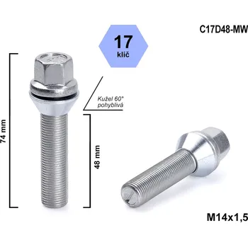Šroubek na kolo Kolový šroub M14x1,5x48 kužel pohyblivý, klíč 17, C17D48-MW, výška 74 mm