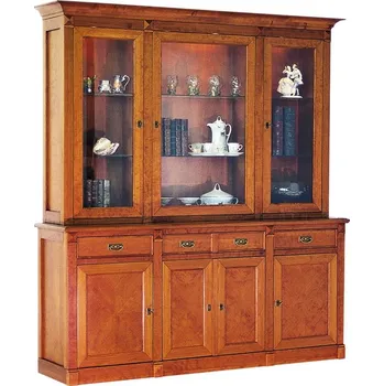 Knihovna Příborník trojdílný s nástavbou a osvětlením, třešeň francouzská