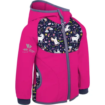 Unuo Dětská softshellová bunda bez zateplení jednorožci fuchsiová, 116-122