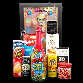 Trezor TREZOR – dárková bedna s potiskem (obsah: dětské šampaňské Robby Bubble a dobroty)