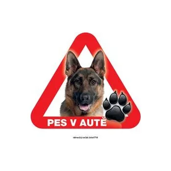 Grel nálepka na plech pozor pes v autě německý ovčák čelně