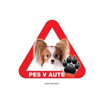 Značení Grel nálepka na plech pozor pes v autě papillon hnědo-bilý