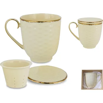 Carmani® Carmani - Porcelánový hrníček se sítkem a víčkem, Krémový se zlatou linkou II v krabičce - 350 ml