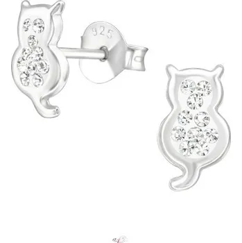 Náušnice Stříbrné puzetové náušnice Kočičí sulety s krystaly (Náušnice s kočkou, Šperkovní stříbro 925)