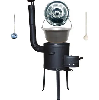 Kempingové nádobí Nerezový kotlík 20 L (1,5 mm) + kovová kotlina s vysokými nožičkami 42 cm + žáruvzdorná barva Plus 700 + poklice, vařečka a naběračka