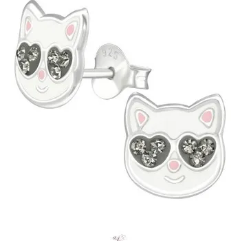 Náušnice Stříbrné puzetové náušnice Kočka s krystaly srdíčka II (Náušnice s kočkou, Šperkovní stříbro 925)