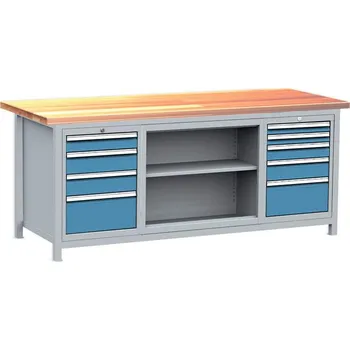 Dílenský stůl Dílenský svařovaný stůl, 9 x zásuvka, 1 x police, deska z bukové spárovky 2000x750 mm