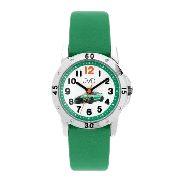 Hodinky JVD Dětské zelené chlapecké náramkové hodinky se závodním autem JVD J7204.2 (JVD Dětské zelené chlapecké náramkové hodinky se závodním autem JVD J7204.2)
