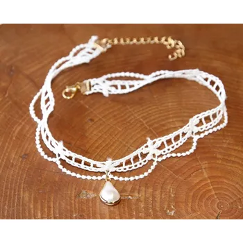 Náhrdelník Choker Fashion Jewerly - Bílý Krajkový náhrdelník zdobený perleťovou kapičkou, Pro nevěstu, Svatební, Romantická kráska, Elegant Lace Party 3146