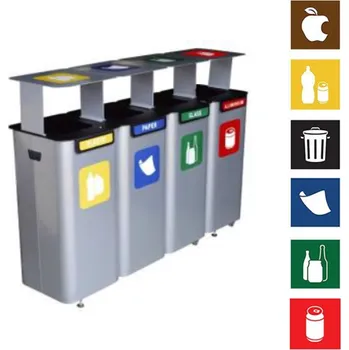 Odpadkový koš Sada 4 x venkovních odpadkových koš Modular na tříděný odpad se stříškou, objem 4 x 70 l