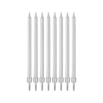 Dortová svíčka Narozeninové svíčky střibrné s podstavcemi délka - 10 cm - 8 ks