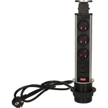 Elektrická zásuvka ORNO AE 1350 INOX - výsuvný zásuvkový sloupek nerezový, 3x zásuvka 230V, 2x zásuvka USB 5V, 1,8m kabel