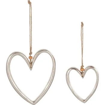 Vánoční dekorace Set 2ks stříbrné kovové zvěsné srdce - 12*1*13cm