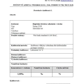 Alkohol tester VLan s.r.o. Protokol (osvědčení) z prvotní kalibrace