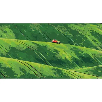 Malování podle čísel - Červené auto v kopcích Velikost: 40x50cm, Rámování: Pouze srolované plátno