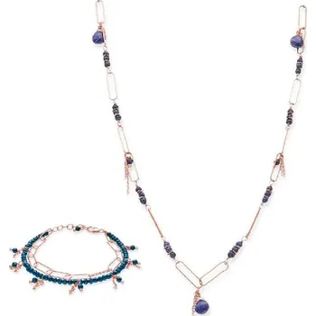 Souprava šperků ISHWARA - Handmade Italian Jewellery Sada dlouhého náhrdelníku a náramku s lapisem, růžové zlato, ISHWARA