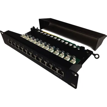 Patch panel XtendLan Patch panel 10", 12 portů, 1U, Cat6, stíněný, LSA, s krytem, vodorovné umístění konektorů, zemnič, černý PP0-12C6S-LSA-HG